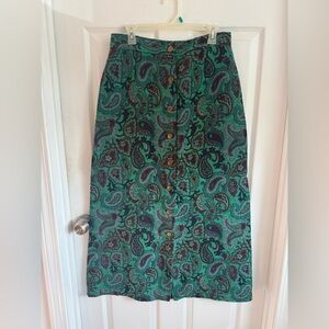Vintage Button Front Midi A-Line Boho Paisley Green Womens Medium Skirt Sears
